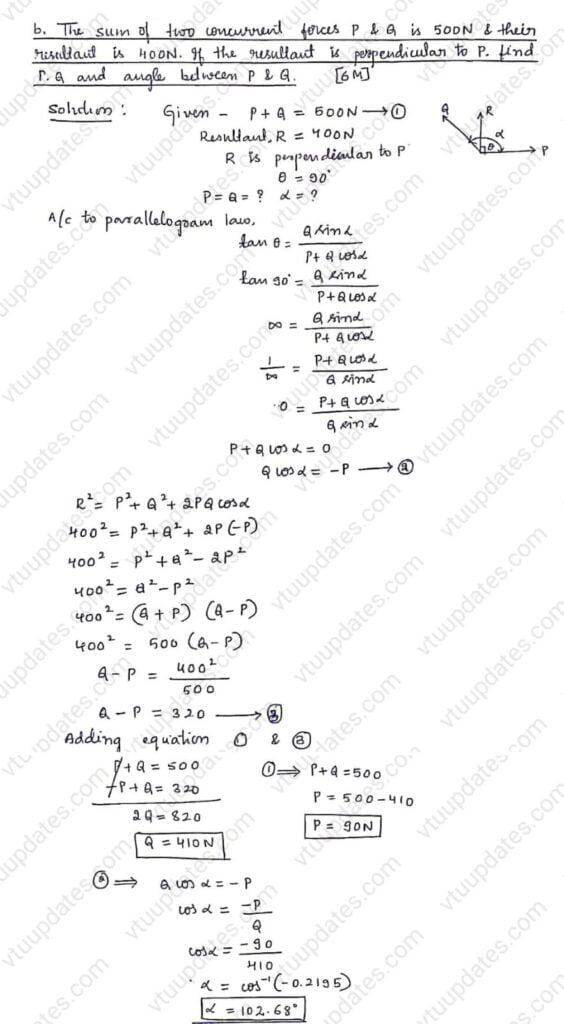 The sum of two concurrent forces P and Q is 500N and their resultant is 400N. If the resultant is perpendicular to P find P Q and angle between P and Q.