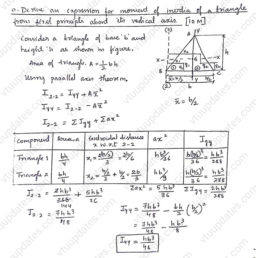 Derive an expression for moment of inertia of a triangle from first principle about its vertical centroidal axis