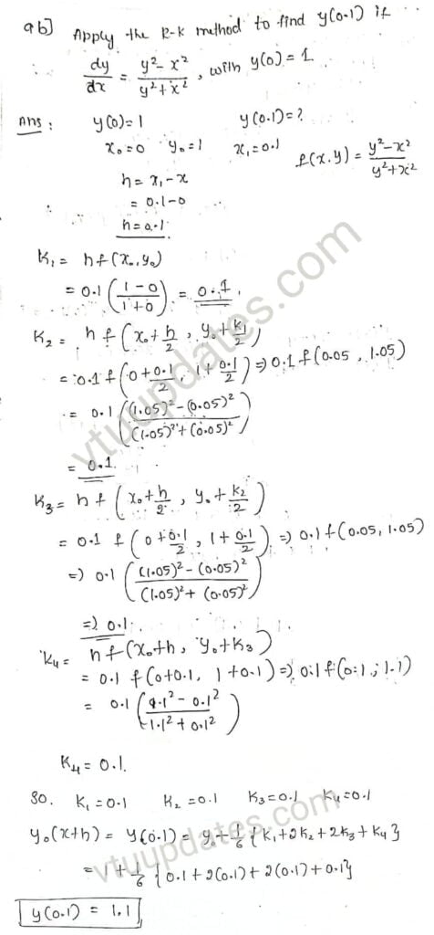 Apply the Runge-Kutta method to find 𝑦(0.1), if <span class="wp-katex-eq" data-display="false">\frac{d y}{dx}=\frac{y^{2}-x^{2}}{y^{2}+x^{2}}</span>, with y(0)=1
