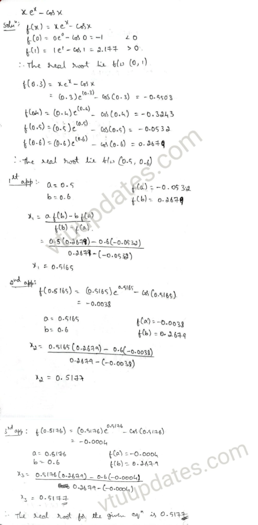 Find the root of the equation 𝑥𝑒^𝑥 = 𝑐𝑜𝑠𝑥 which lies in the interval (0, 1) by Regula-Falsi method correct to four decimal places