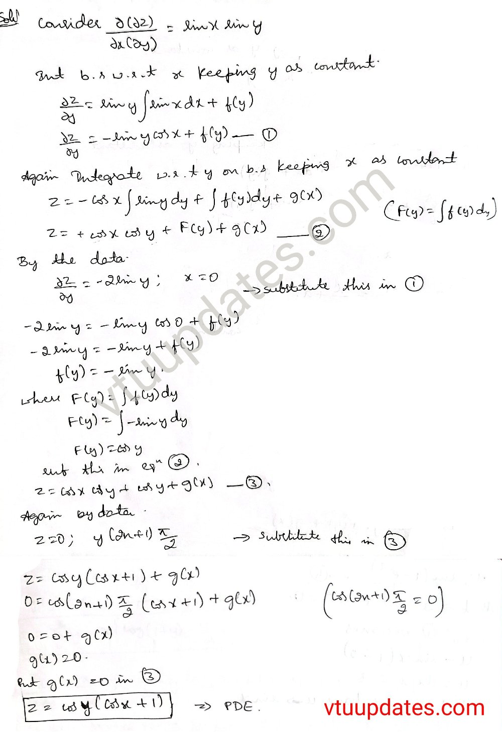 Solve 𝜕^2𝑧/𝜕𝑥𝜕𝑦 =sin𝑥 sin𝑦 for which 𝜕𝑧/𝜕𝑦=−2 sin𝑦 when x=0 and z =0 ...