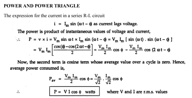 4.A] Develop an equation for the power consumed by an R-L series circuit. Draw the waveforms of voltage, current, and power.