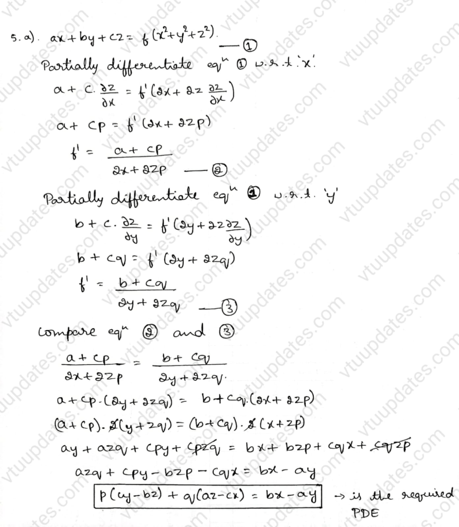 Form the partial differential equation by eliminating the arbitrary function from the relation 𝑎𝑥 + 𝑏𝑦 + 𝑐𝑧 = 𝑓(𝑥2 + 𝑦2 + 𝑧2).