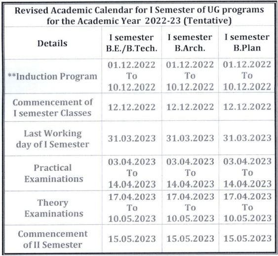 VTU Revised Academic Calendar of 1st semester 
