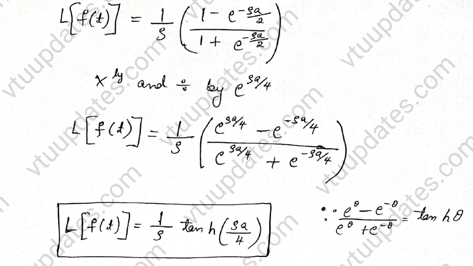 Find the Laplace transform of the square–wave function of period a given by
f(t)= 1,   0<t<a/2
-1,    a/2<t<2