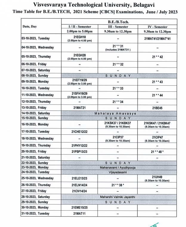vtu timetable 2023